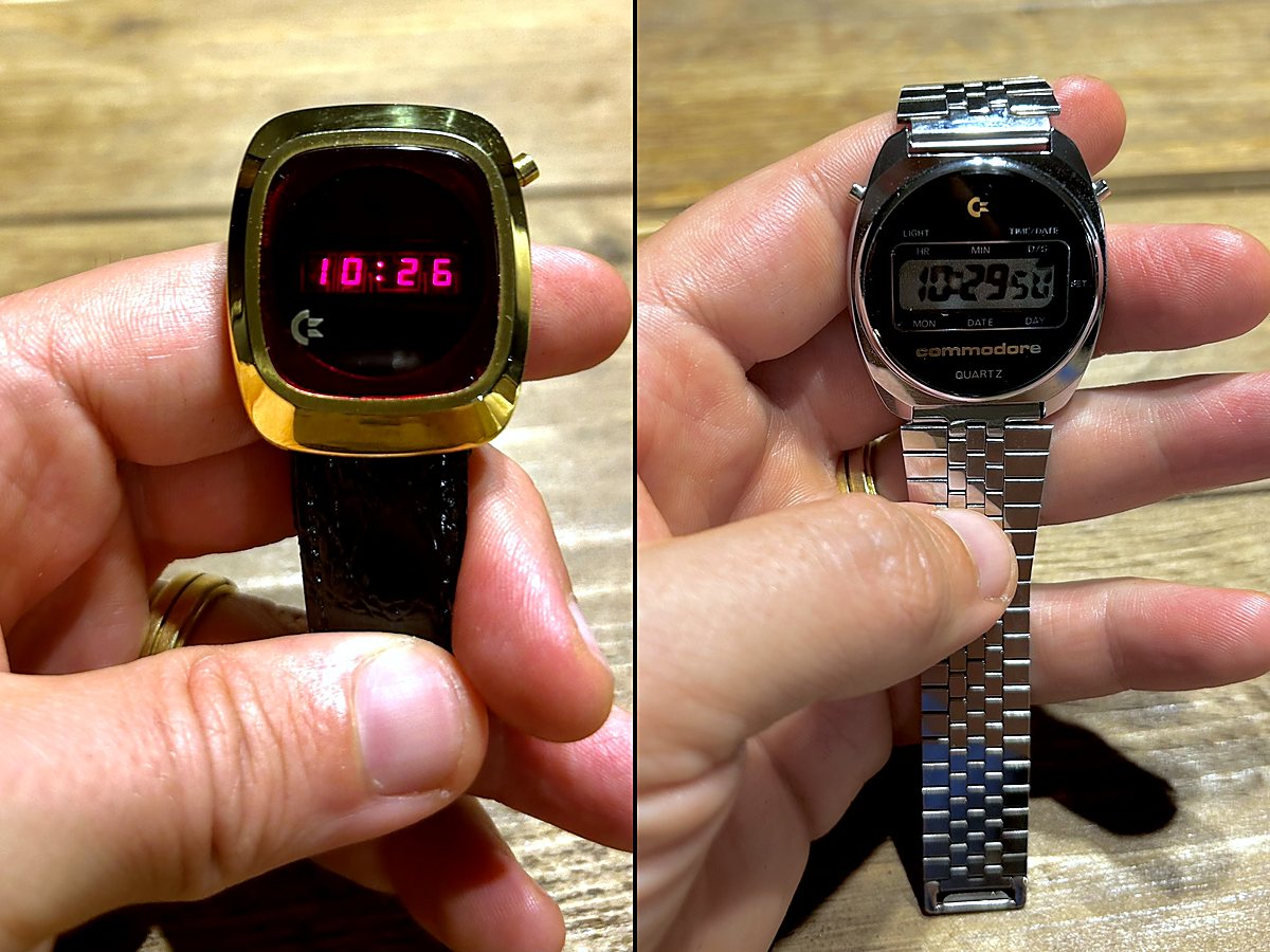 Two Commodore wristwatches: red LED in gold, LCD in steel