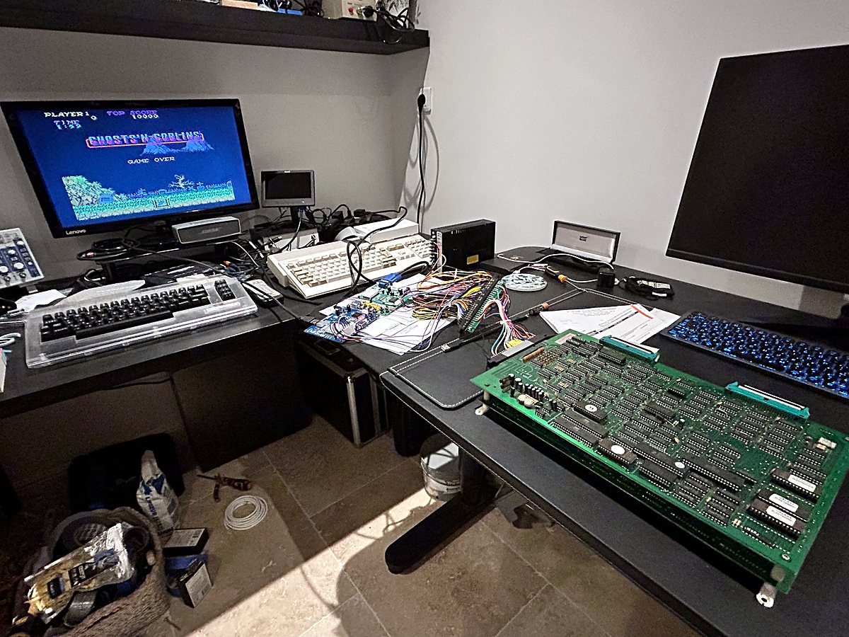 The Ghosts'n Goblins PCB wired up on the bench, running the real thing