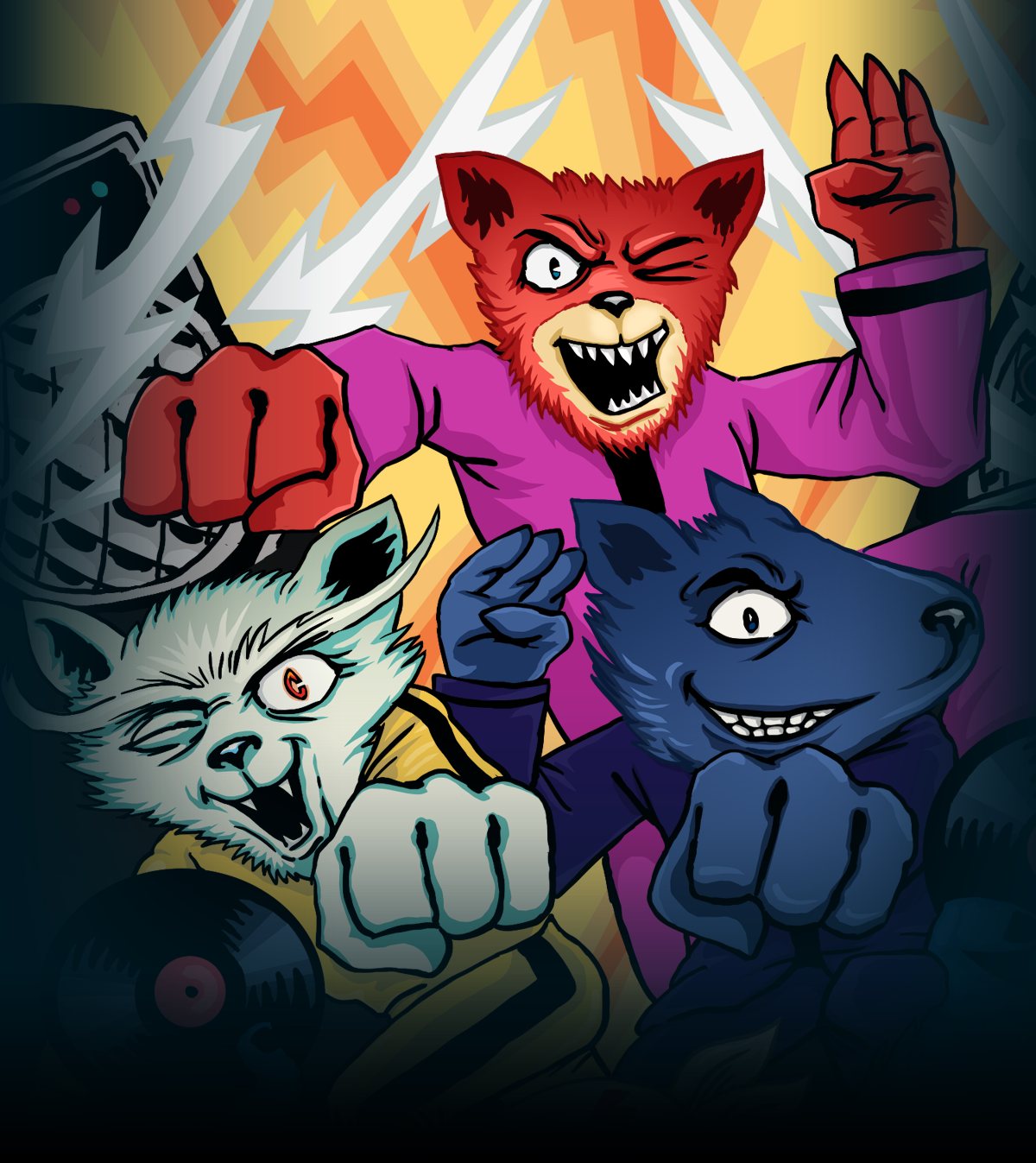 Kong-Fu Masters key art by Lobo: the cat, the dog and the fox ready to fight