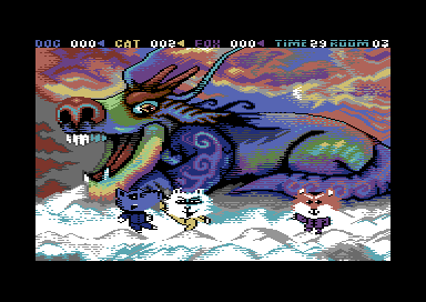 Three fighters battling in front of a huge dragon above the clouds