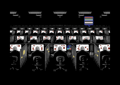 A row of identical office cubicles, each with the same man in it