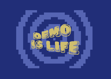 The Demo Is Life end logo, colour cycling on a blue field