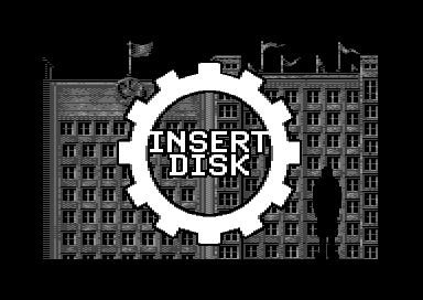 The Insert Disk screen: a factory city behind a cogwheel