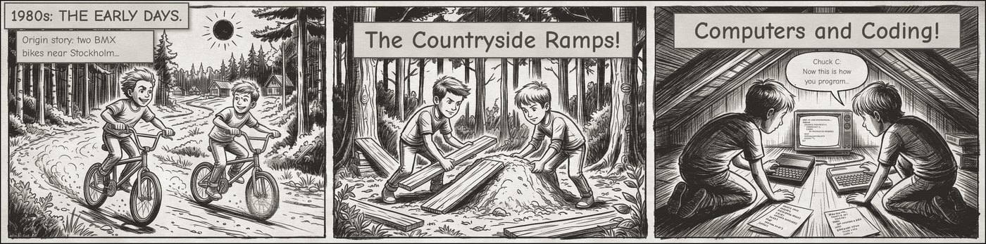 Comic strip: two boys riding BMX bikes on a forest road, building ramps in the woods, then hunched over a computer in a loft