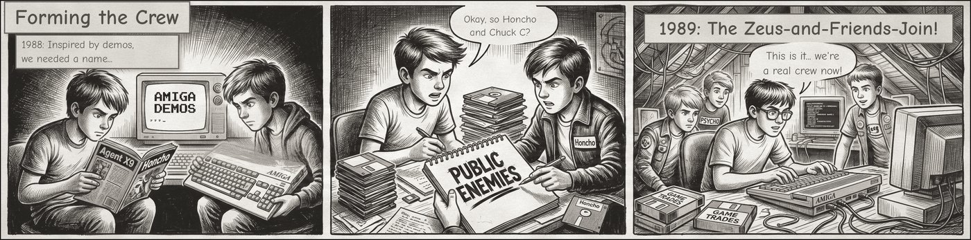 Comic strip: watching demos and hunting for a name, the name Public Enemies written on a notepad, then the crew growing as Zeus and friends join in 1989