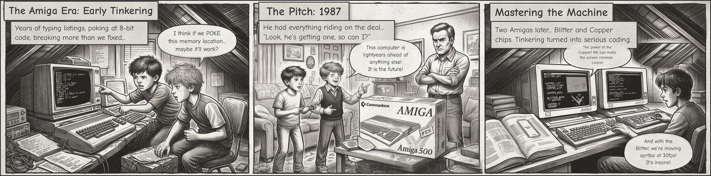 Comic strip: early tinkering at an 8-bit machine, Chuck C pitching an Amiga 500 to a sceptical dad, then two Amigas running side by side