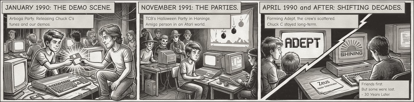 Comic strip: swapping disks at the Arboga party in 1990, the Halloween party crowd in Haninge in 1991, then the crew splitting between Adept and Shining