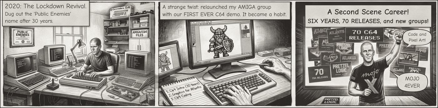Comic strip: digging out the Public Enemies name in lockdown, pixel art on a modern screen, then a wall of 70 C64 releases