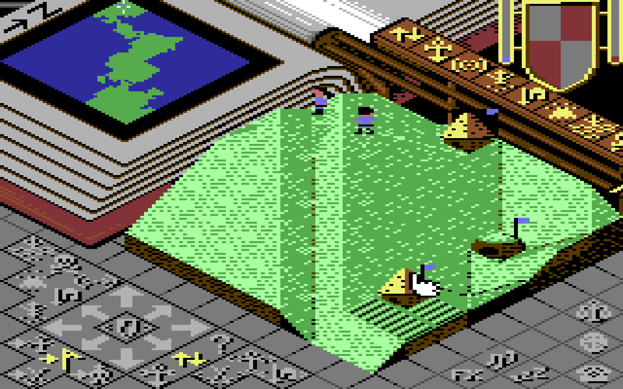 C64 Populous, grass land: a green hill raised up over the book, with settlements, flags and walkers