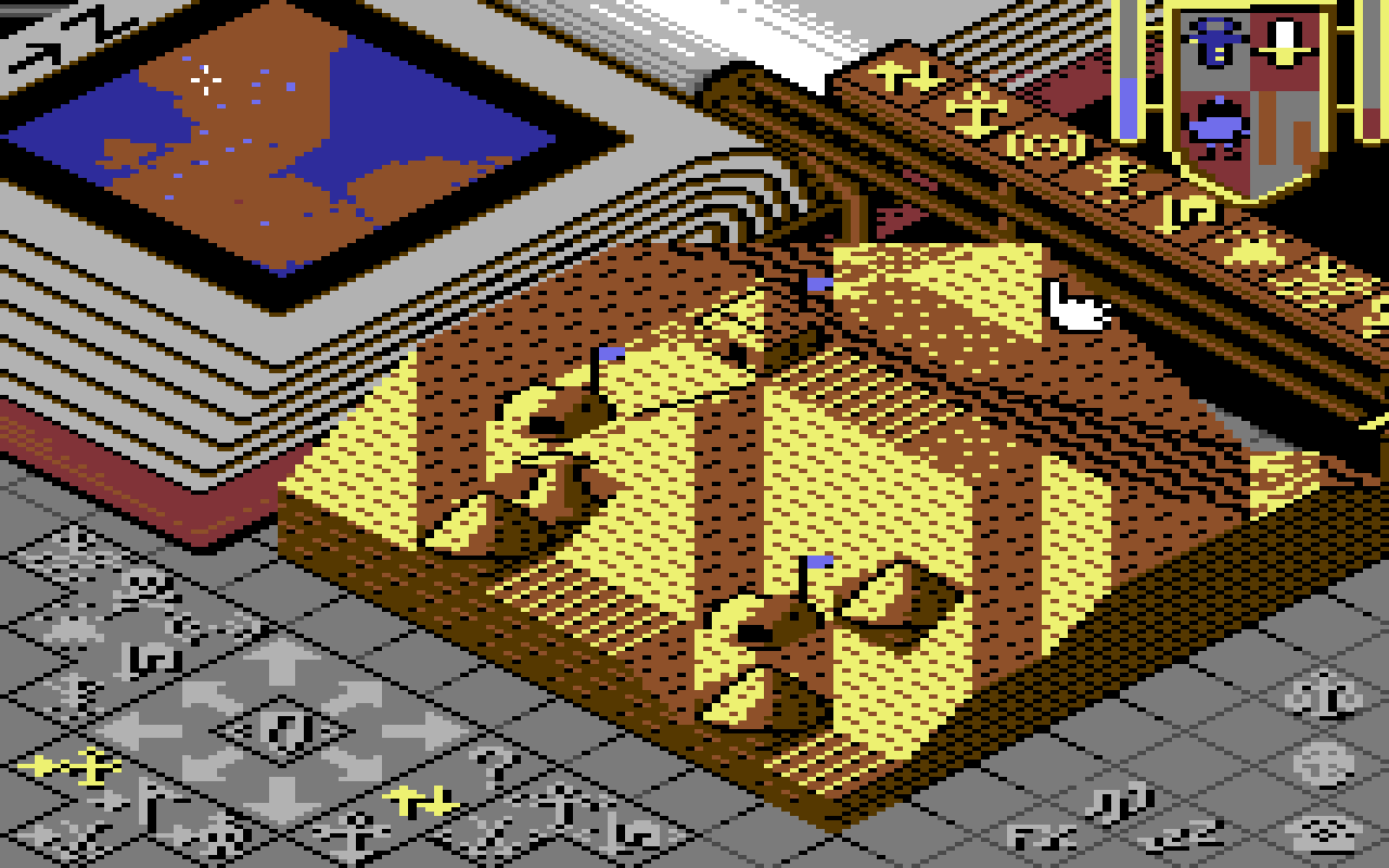 C64 Populous, desert land: towns with blue flags on brown and yellow terraces under the rail