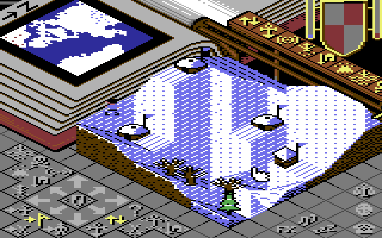 C64 Populous, ice land: a village of huts with flags among bare and snowy trees