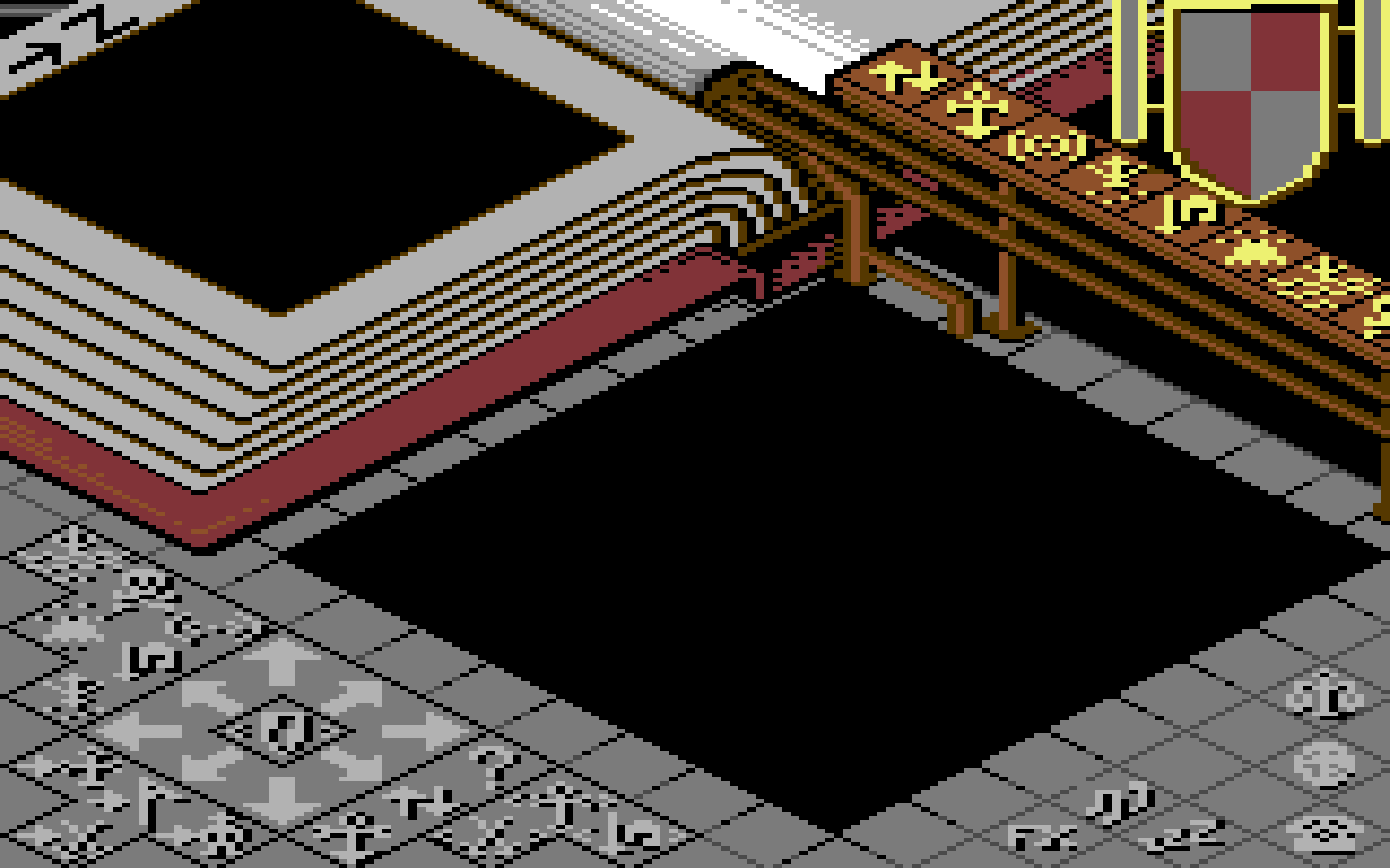The empty Populous C64 game screen: the book with the radar map on the left, the rail of icons and the shield on the right, the grey rim round an empty black pit