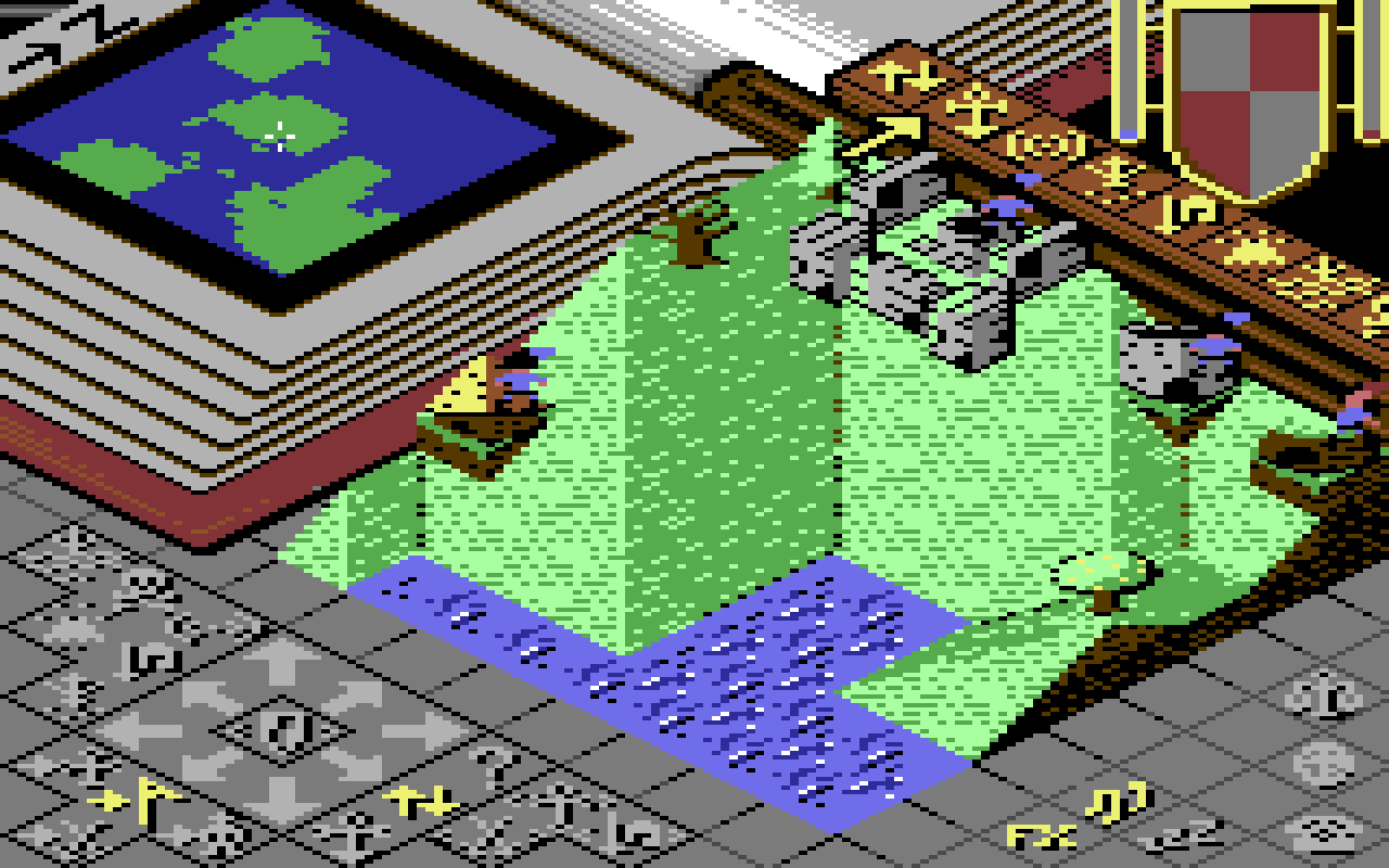 The same view of world 0 with the colour cut: the grey rim stays grey against the sea, the book cover and pages stay whole, the rail stays brown next to the castle