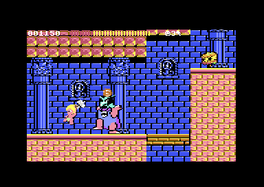 Wonder Boy jumping and throwing a hatchet at the first boss in the castle of round 1-4