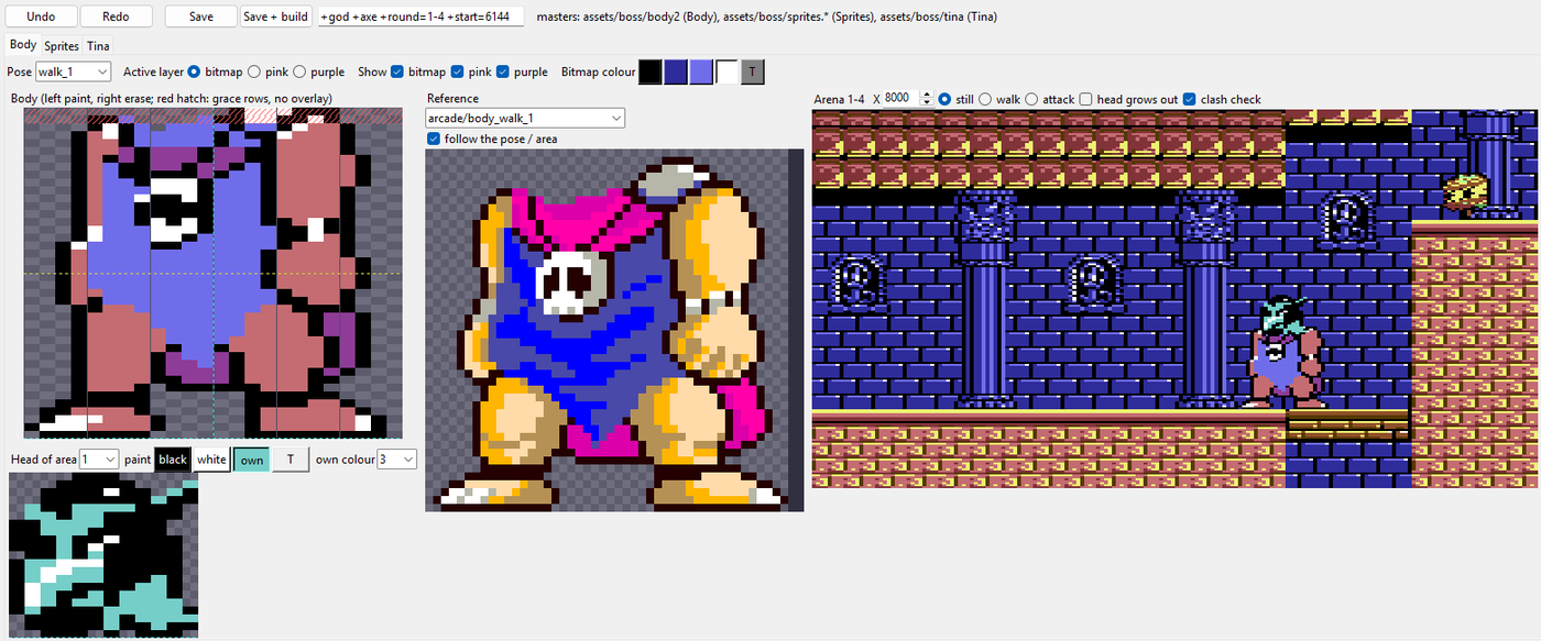 The boss editor: the boss body pixel grid, the arcade reference beside it and a preview in the 1-4 arena