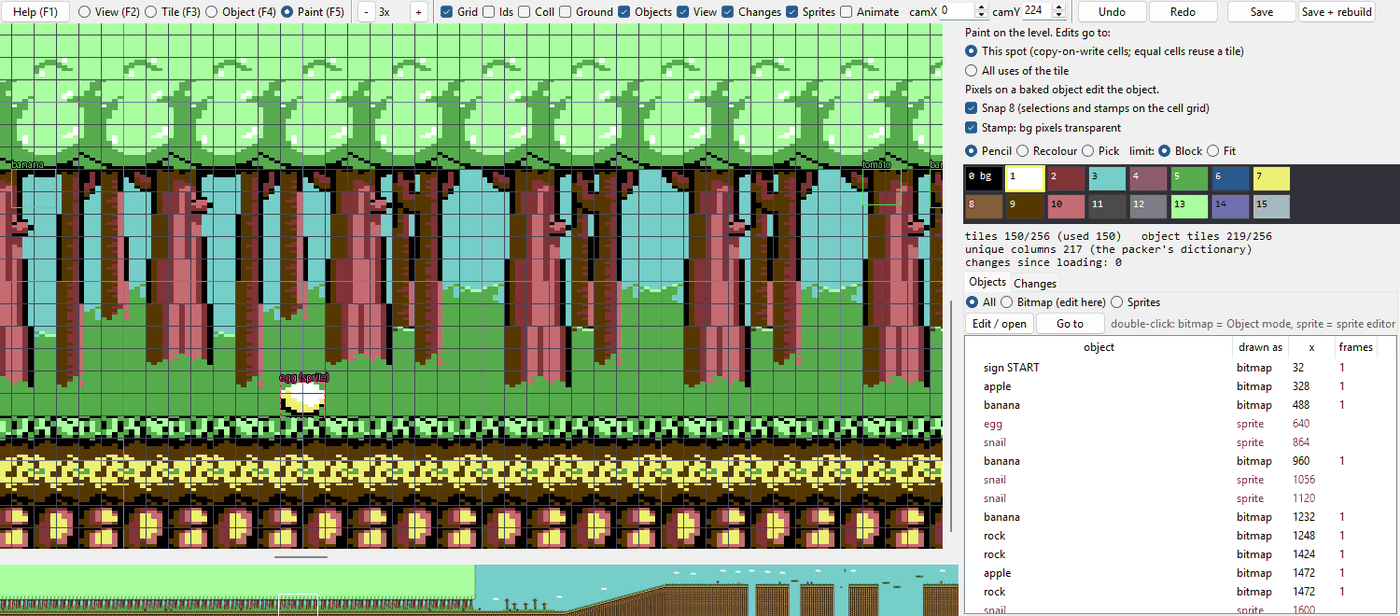 The level editor showing the round 1-1 forest on a cell grid, with the palette and the object list beside it