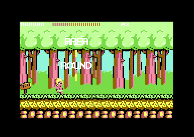 The Area 1 Round 1 intro in the forest, with Wonder Boy at the start sign