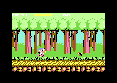 Wonder Boy riding his skateboard through the forest of round 1-1